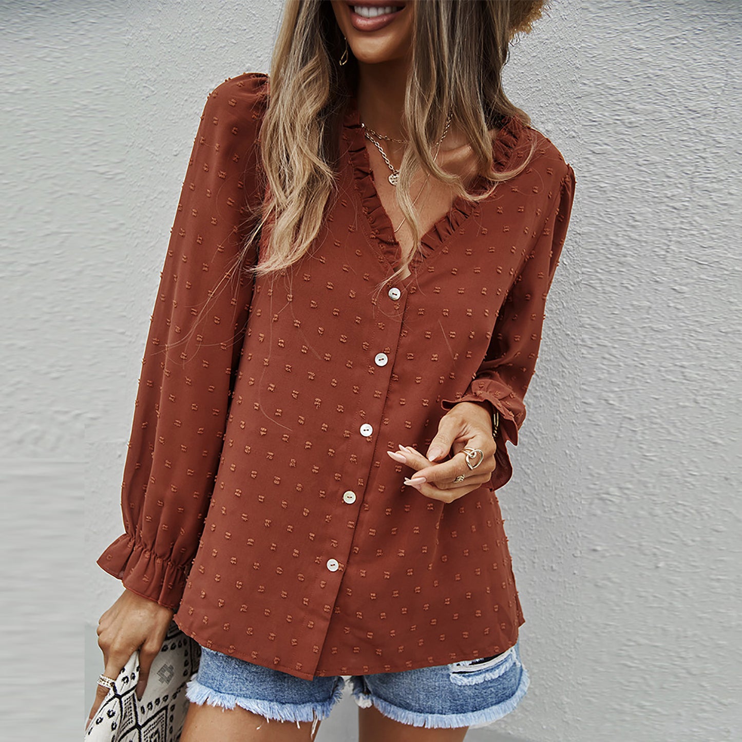 Women's Fashion Solid Color And V-neck Loose Jacquard Long Sleeve Casual Shirt Top - Grace Beauty H&C 