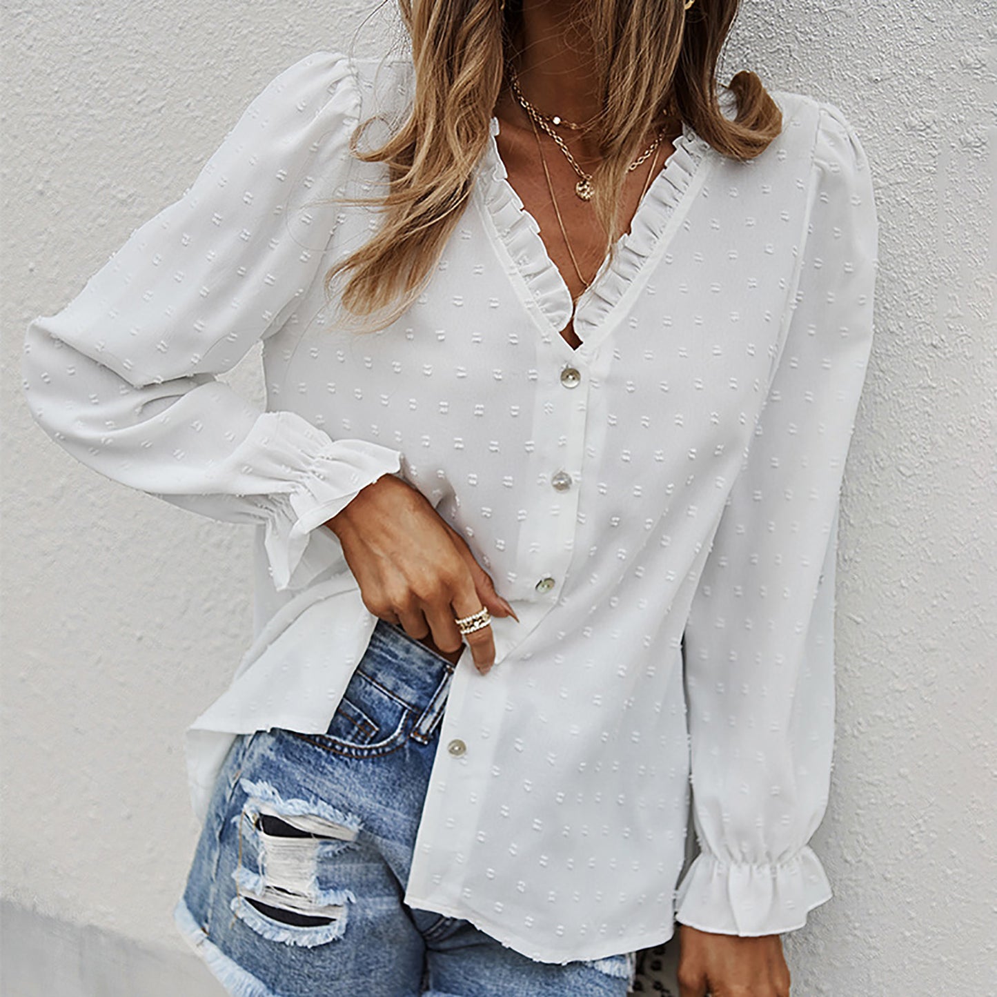 Women's Fashion Solid Color And V-neck Loose Jacquard Long Sleeve Casual Shirt Top - Grace Beauty H&C 