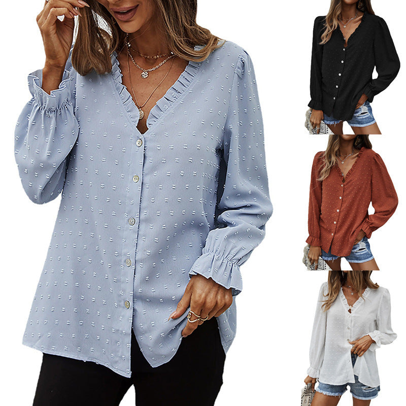 Women's Fashion Solid Color And V-neck Loose Jacquard Long Sleeve Casual Shirt Top - Grace Beauty H&C 