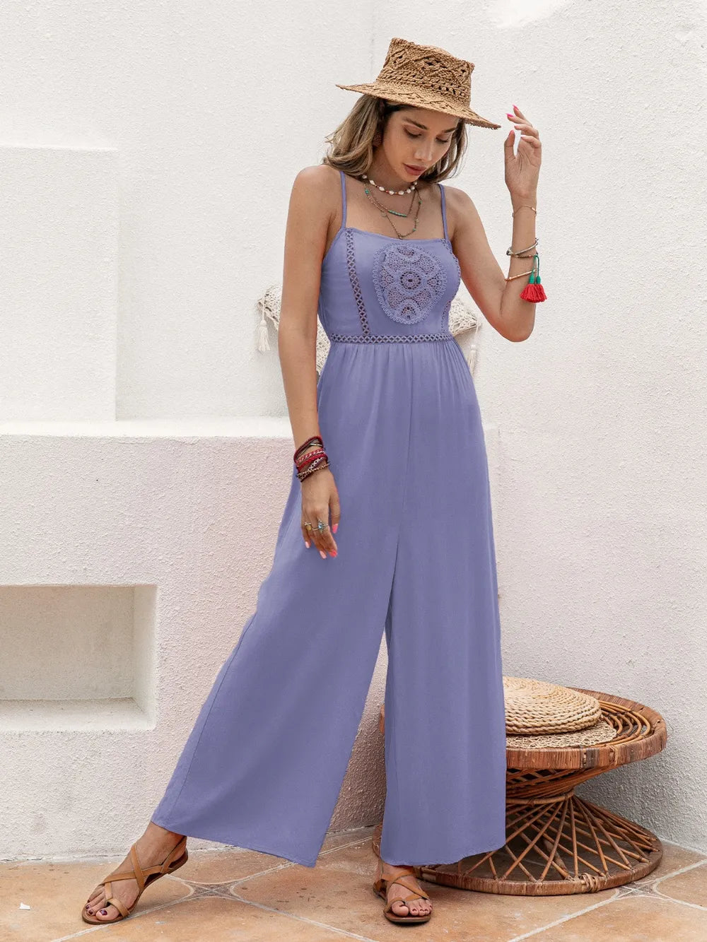 Openwork Spaghetti Strap Wide Leg Jumpsuit - Grace Beauty H&C 