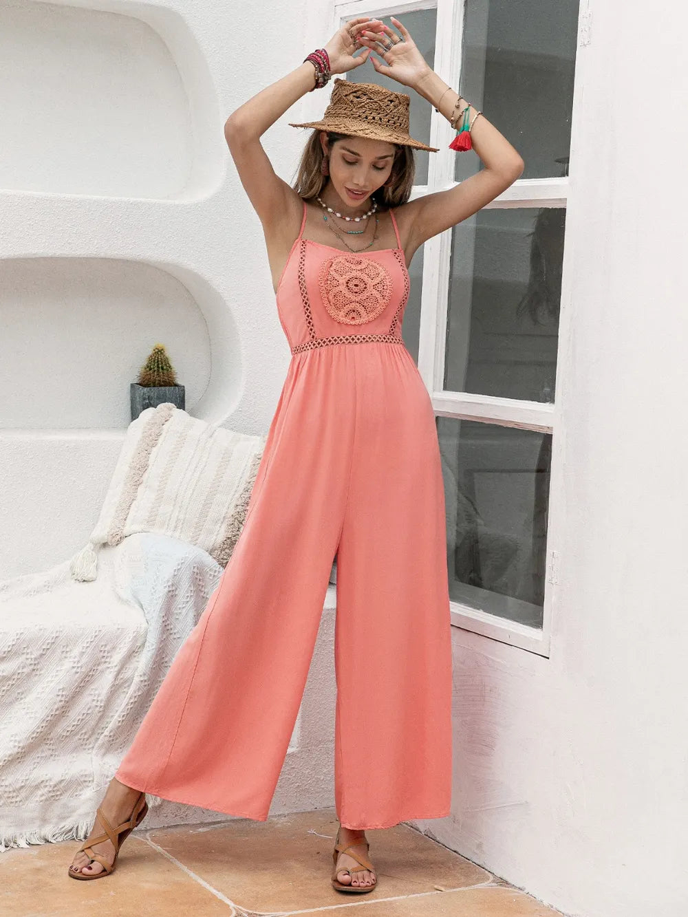Openwork Spaghetti Strap Wide Leg Jumpsuit - Grace Beauty H&C 