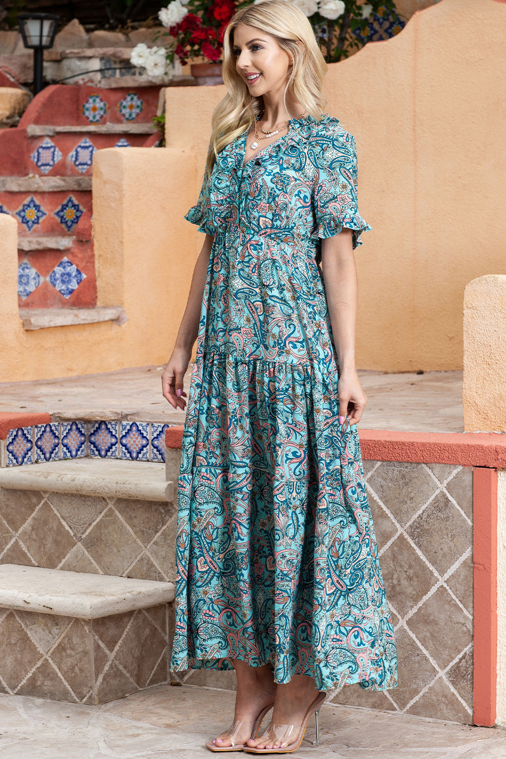 Paisley Print Flounce Sleeve Maxi Dress - Grace Beauty H&C 