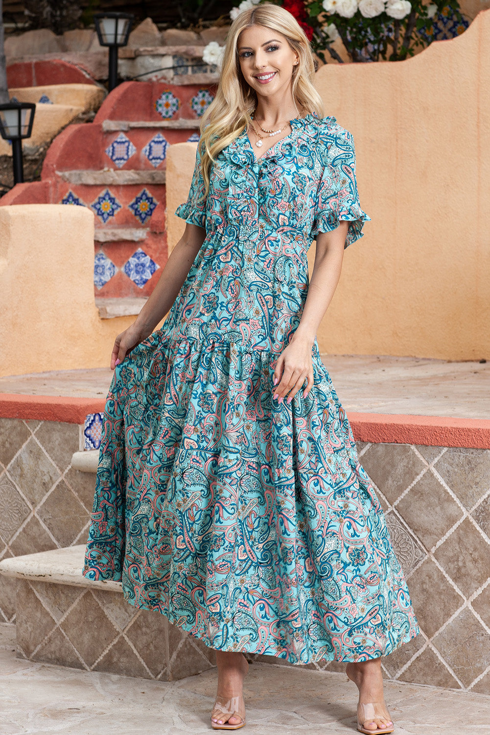 Paisley Print Flounce Sleeve Maxi Dress - Grace Beauty H&C 