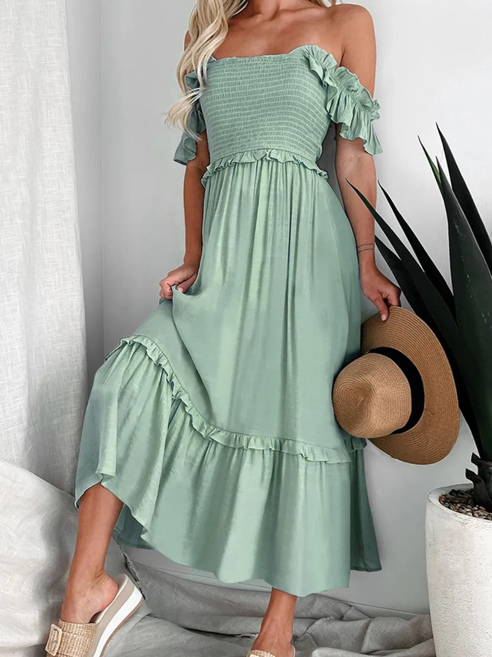 Perfee Frill Smocked Off-Shoulder Ruffle Sleeve Dress - Grace Beauty H&C 