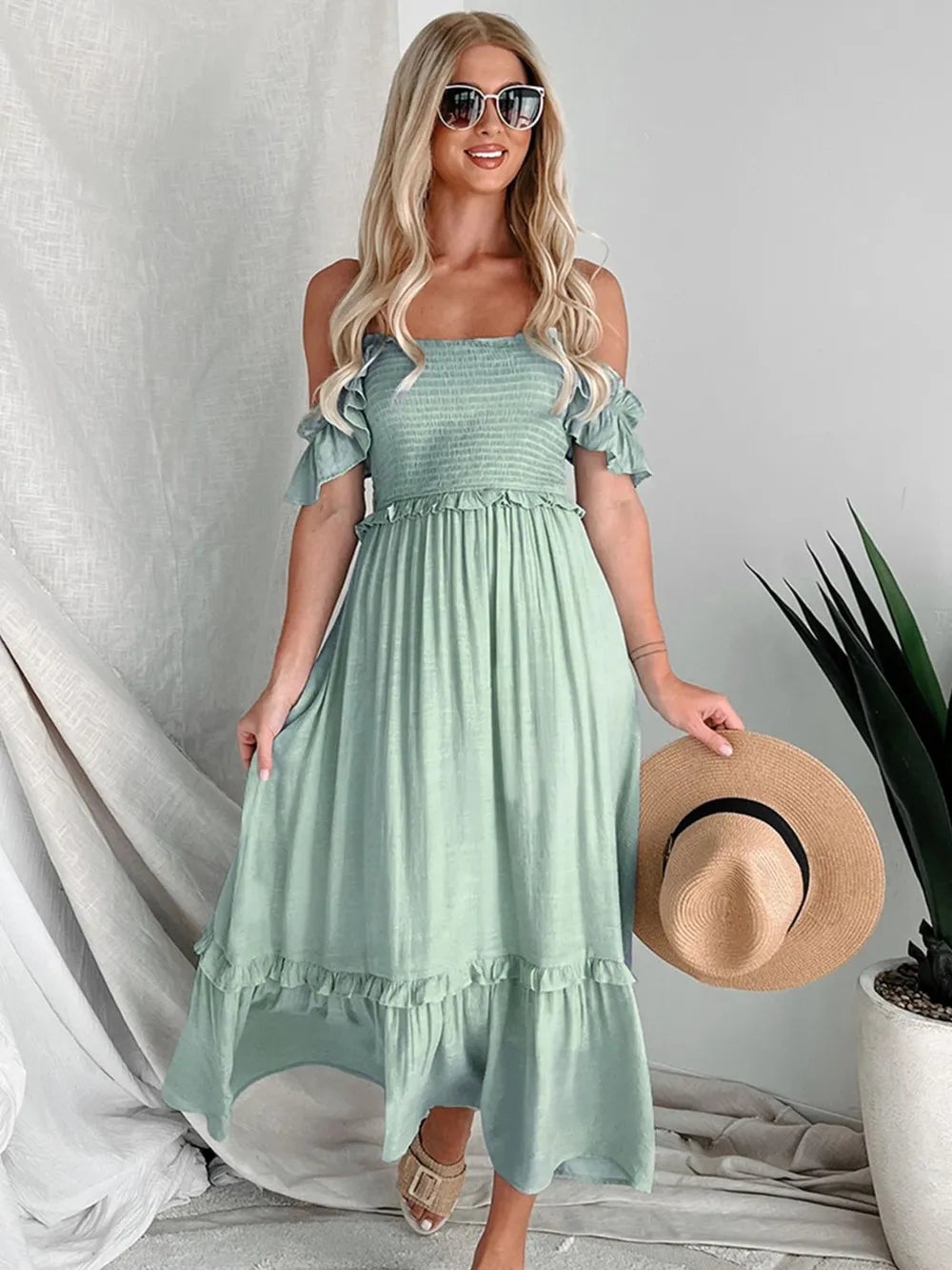 Perfee Frill Smocked Off-Shoulder Ruffle Sleeve Dress - Grace Beauty H&C 