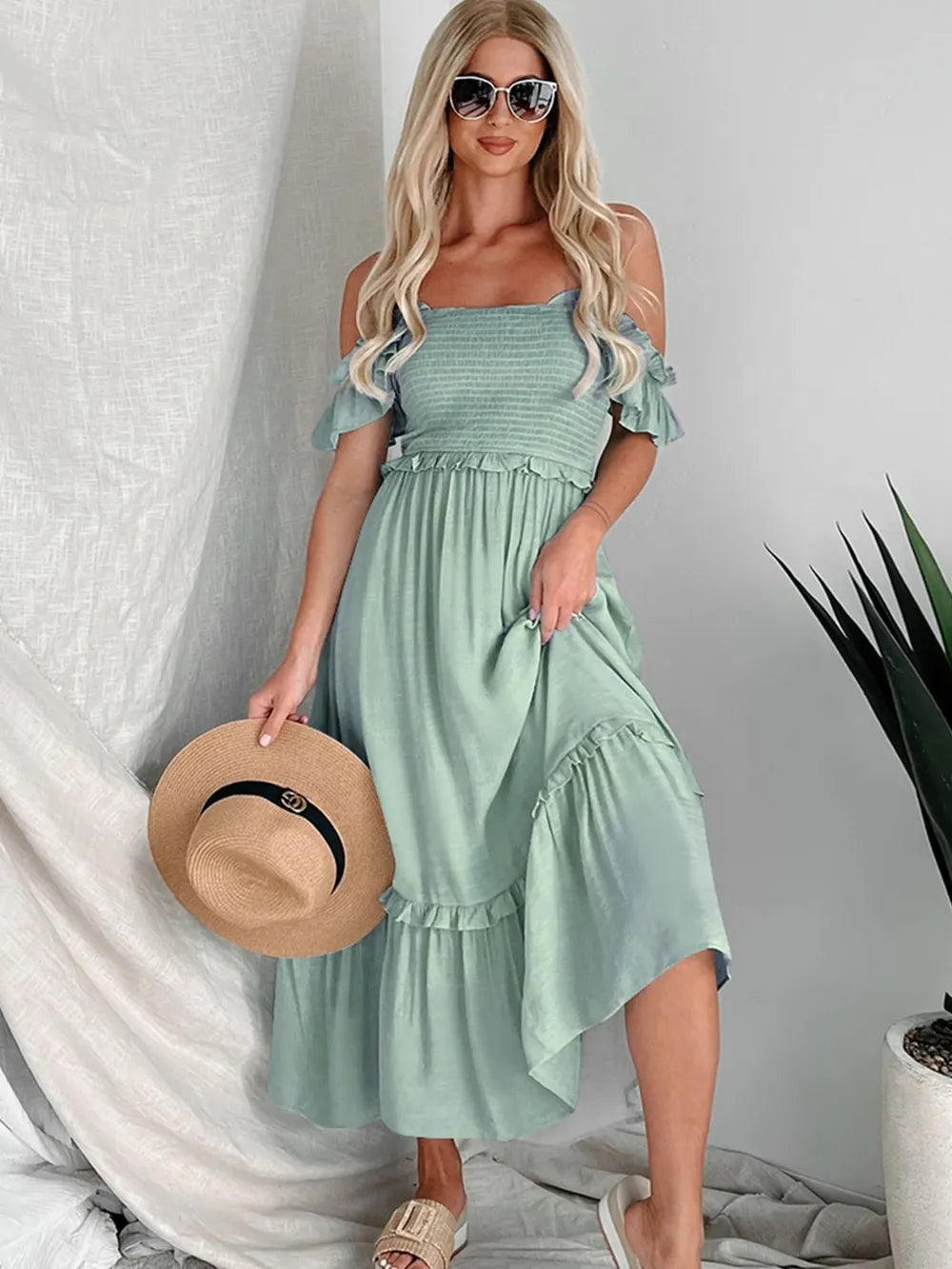 Perfee Frill Smocked Off-Shoulder Ruffle Sleeve Dress - Grace Beauty H&C 