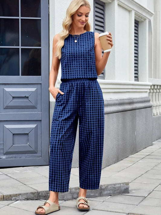 Plaid Sleeveless Top and Pants Set - Grace Beauty H&C 