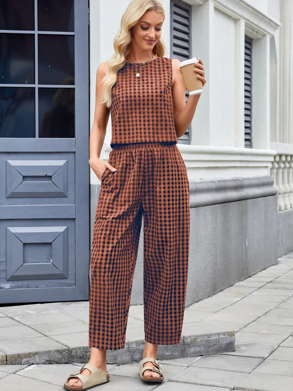Plaid Sleeveless Top and Pants Set - Grace Beauty H&C 