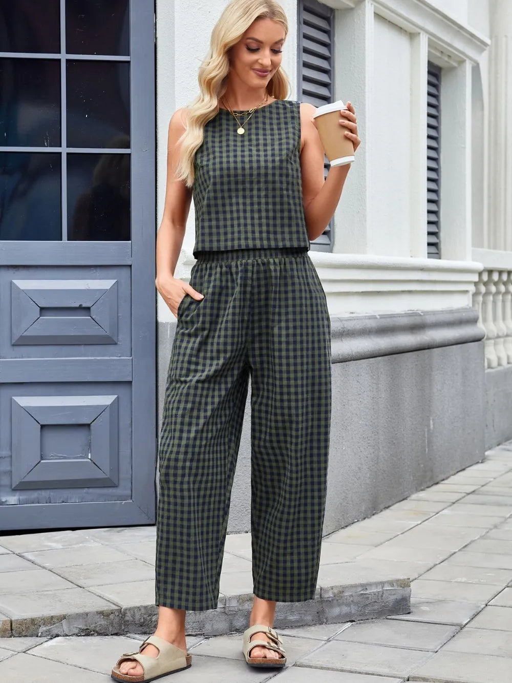 Plaid Sleeveless Top and Pants Set - Grace Beauty H&C 