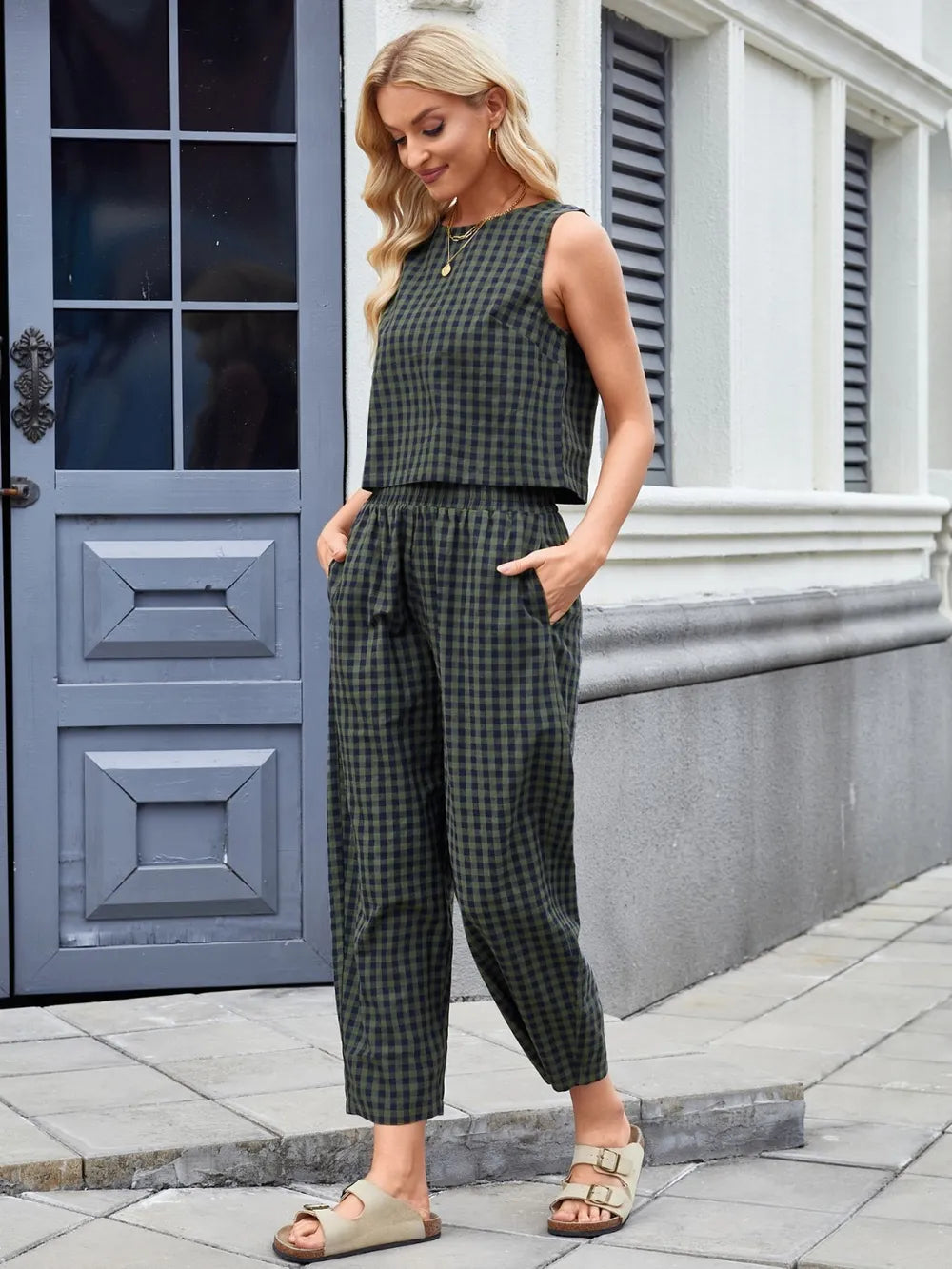 Plaid Sleeveless Top and Pants Set - Grace Beauty H&C 