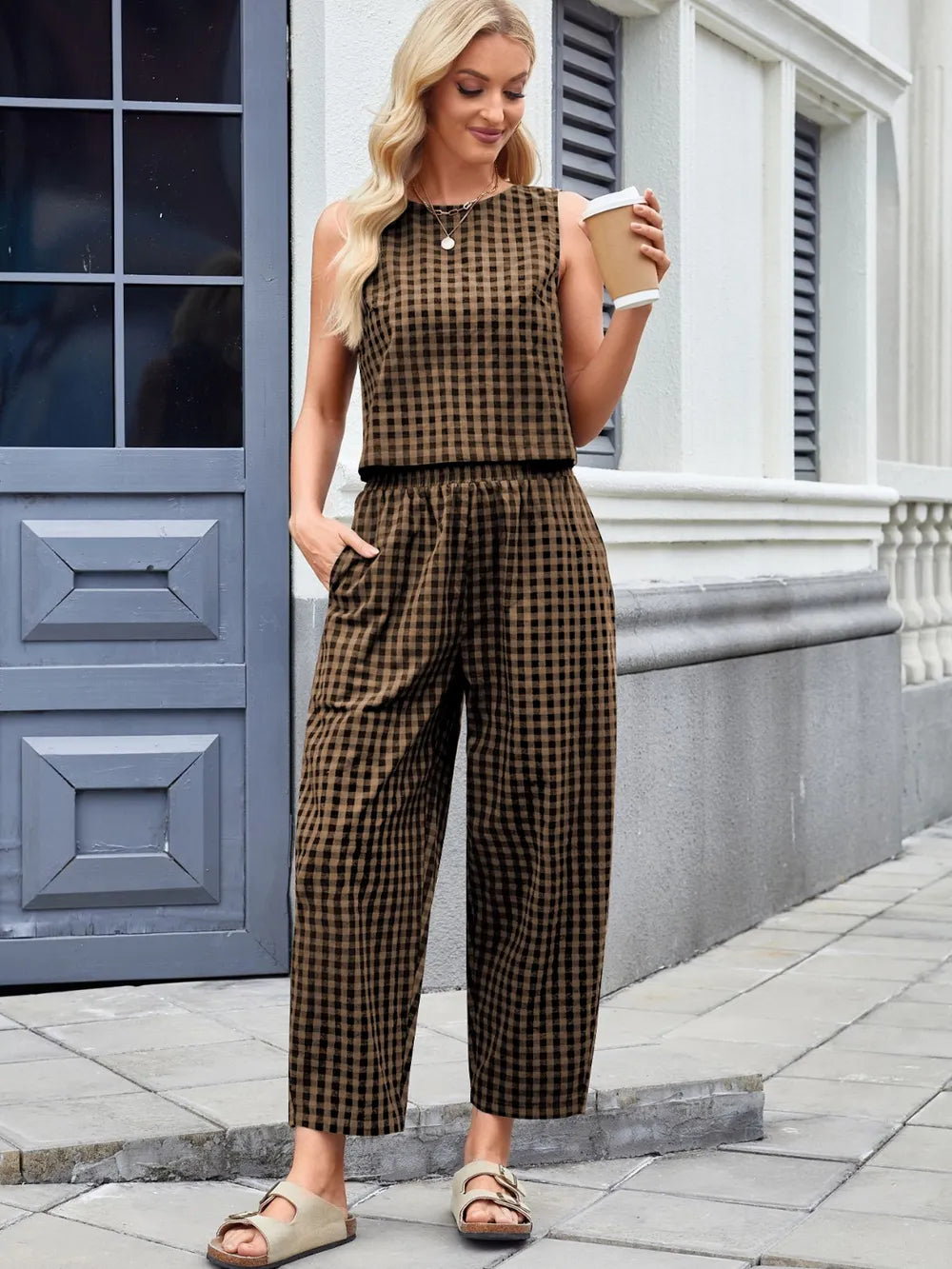 Plaid Sleeveless Top and Pants Set - Grace Beauty H&C 