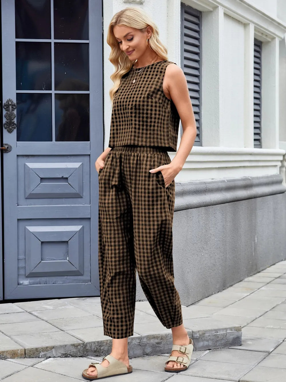 Plaid Sleeveless Top and Pants Set - Grace Beauty H&C 