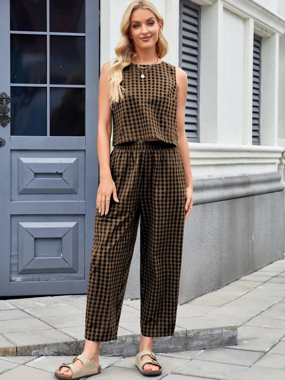 Plaid Sleeveless Top and Pants Set - Grace Beauty H&C 