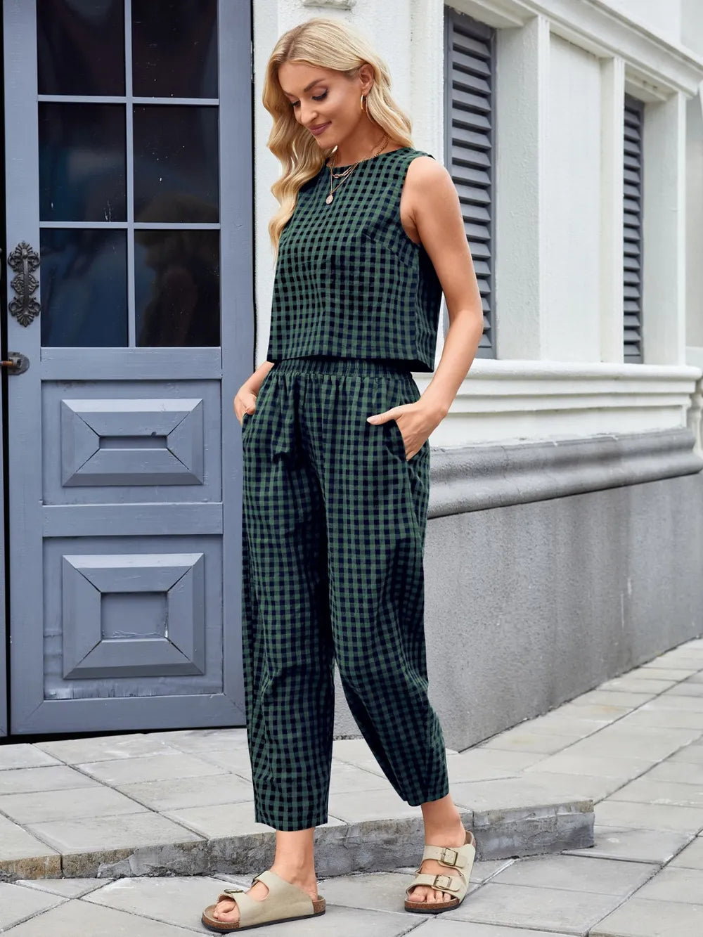 Plaid Sleeveless Top and Pants Set - Grace Beauty H&C 