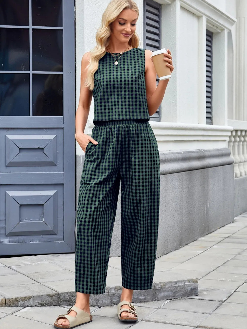 Plaid Sleeveless Top and Pants Set - Grace Beauty H&C 