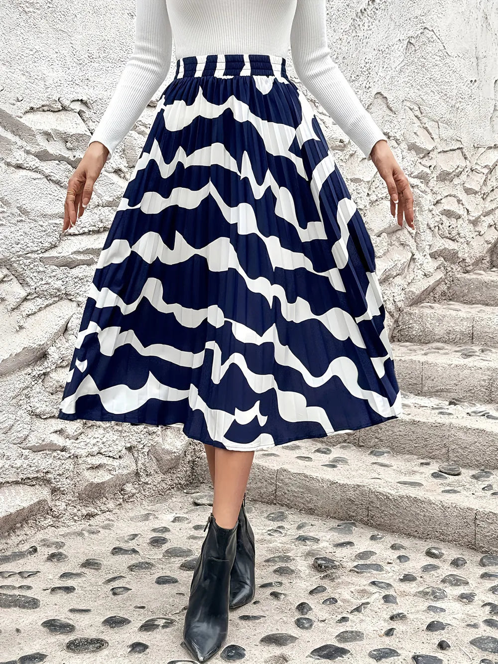Pleated Printed Elastic Waist Skirt - Grace Beauty H&C 