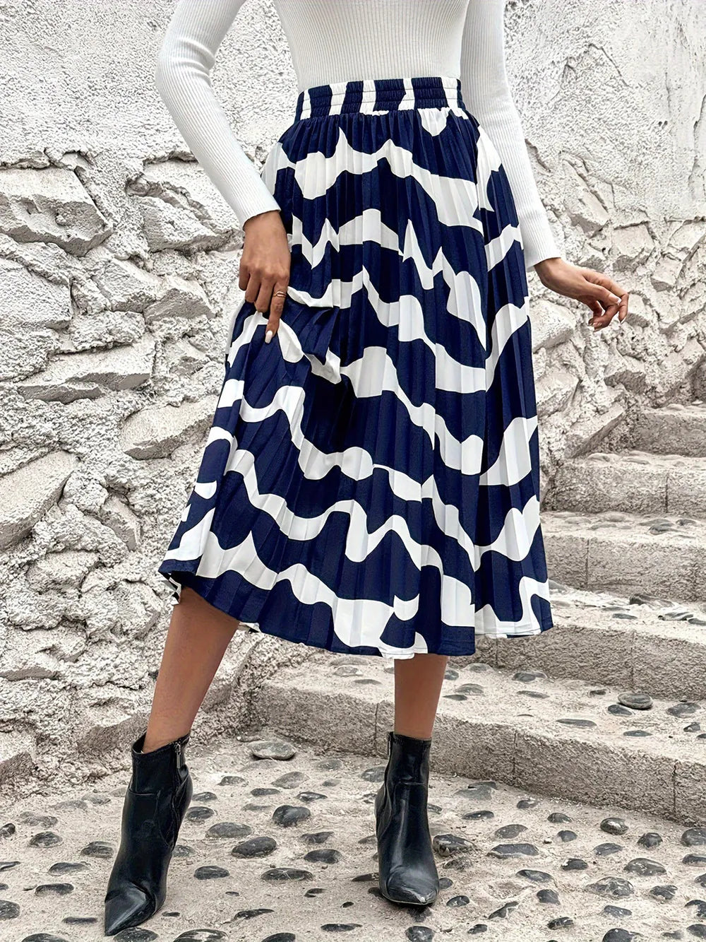 Pleated Printed Elastic Waist Skirt - Grace Beauty H&C 
