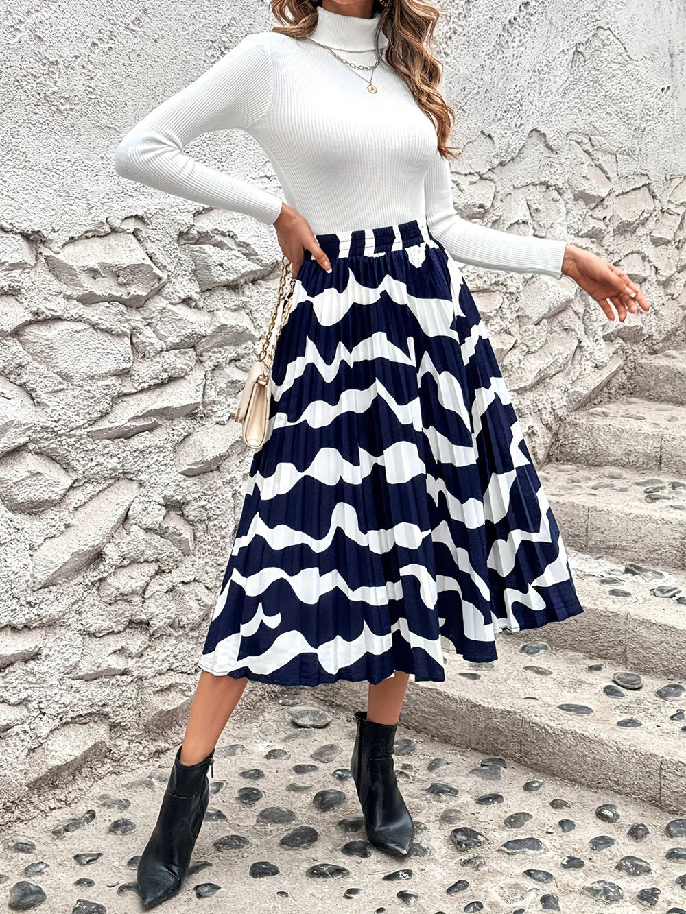 Pleated Printed Elastic Waist Skirt - Grace Beauty H&C 