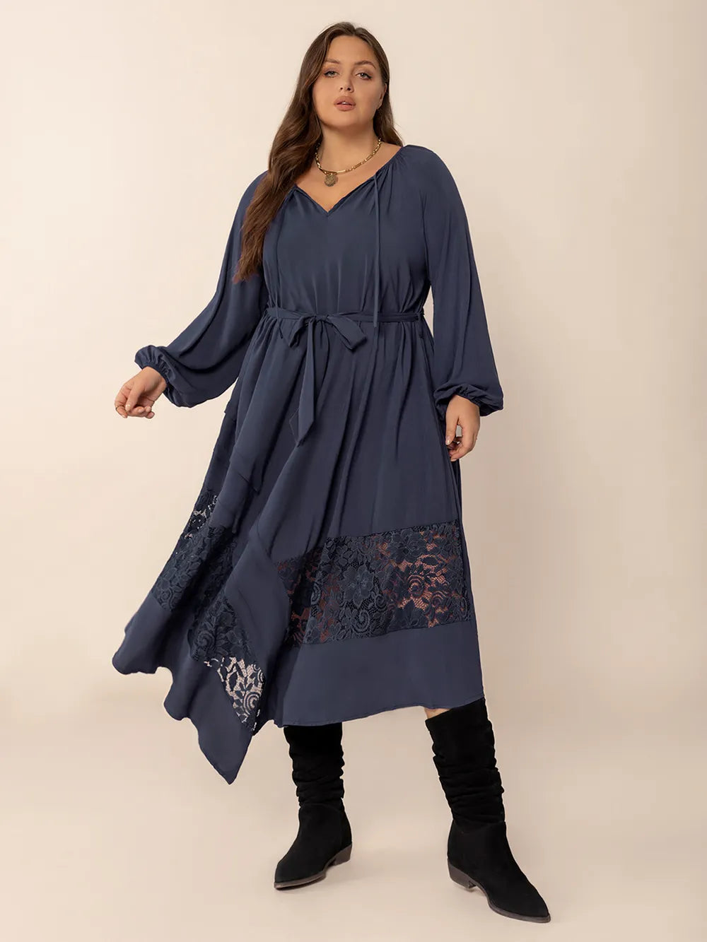 Plus Size Lace Detail Tie Neck Long Sleeve Midi Dress - Grace Beauty H&C 