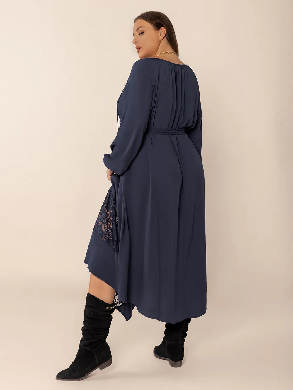 Plus Size Lace Detail Tie Neck Long Sleeve Midi Dress - Grace Beauty H&C 