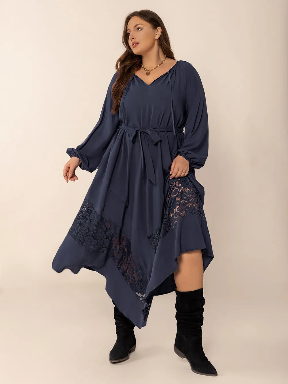 Plus Size Lace Detail Tie Neck Long Sleeve Midi Dress - Grace Beauty H&C 