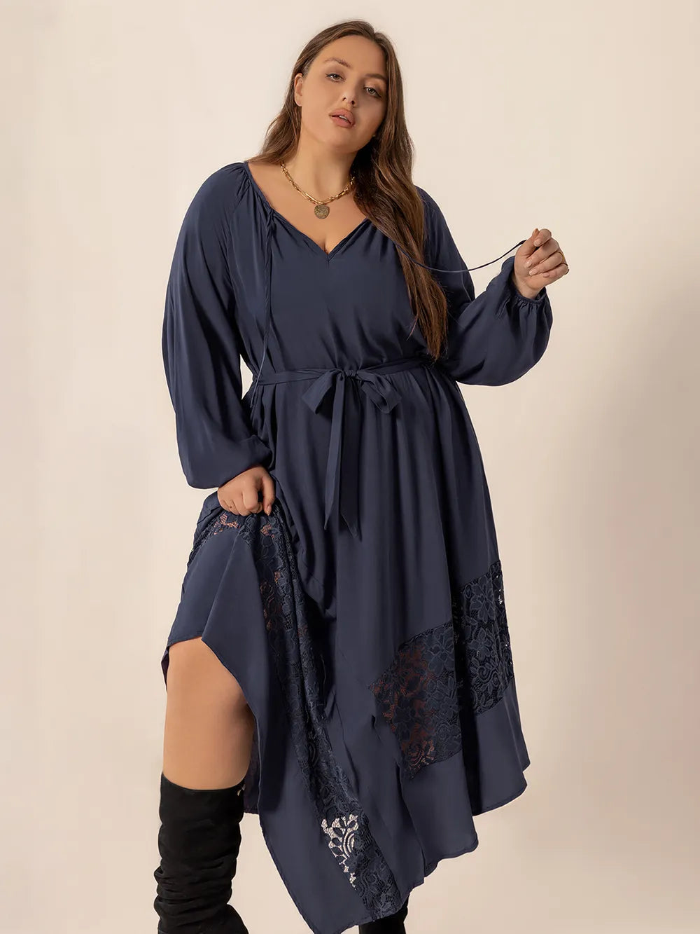 Plus Size Lace Detail Tie Neck Long Sleeve Midi Dress - Grace Beauty H&C 