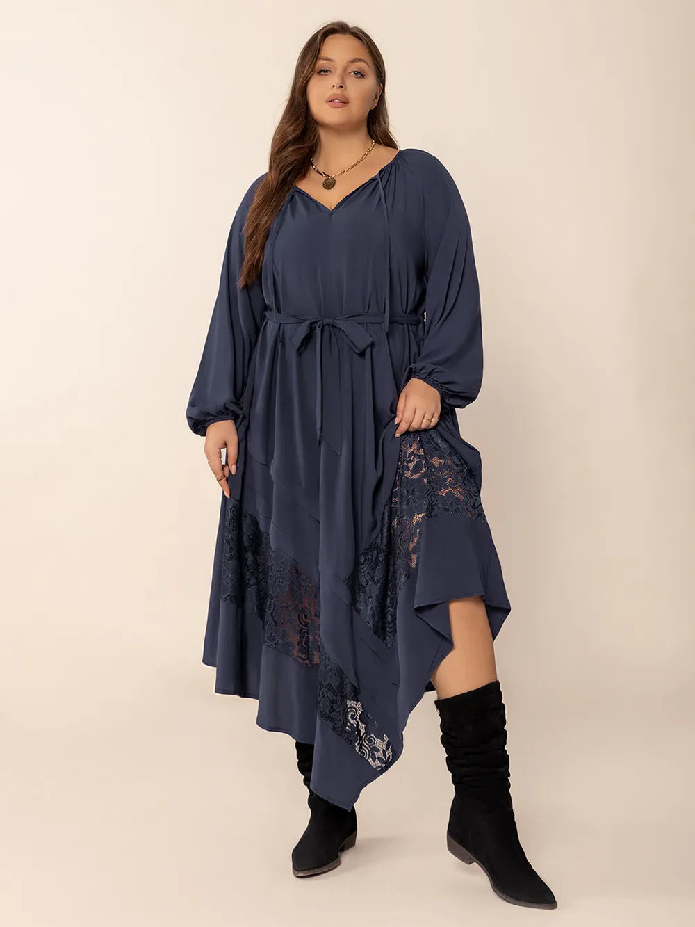 Plus Size Lace Detail Tie Neck Long Sleeve Midi Dress - Grace Beauty H&C 