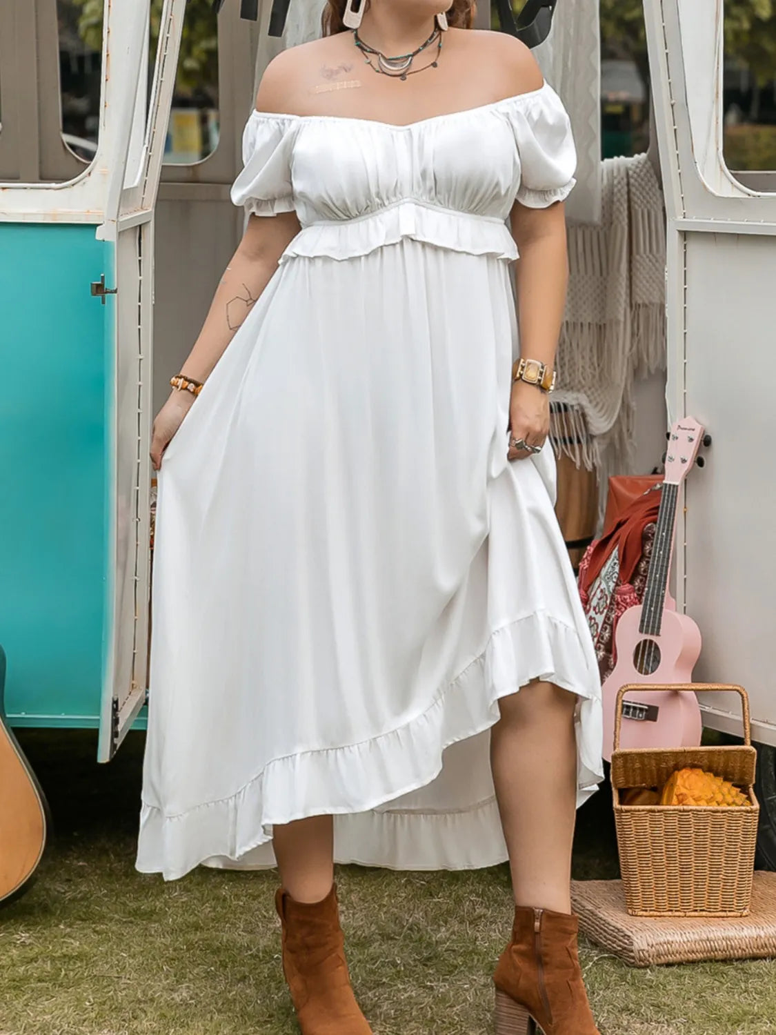 Plus Size Ruffled Hem Off-Shoulder Dress - Grace Beauty H&C 