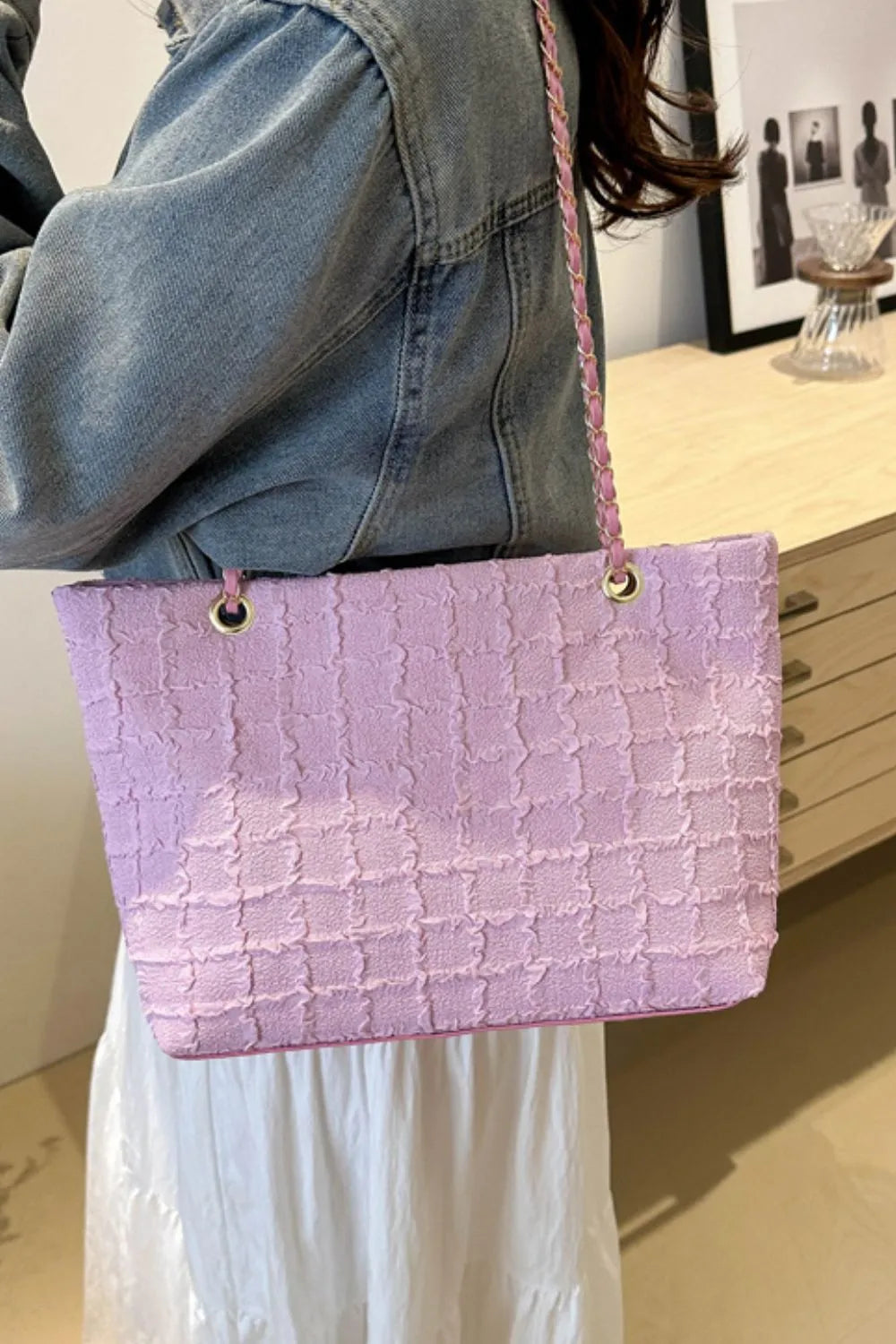 Polyester Texture Chain Tote Bag – Stylish Shoulder Handbag - Grace Beauty H&C 