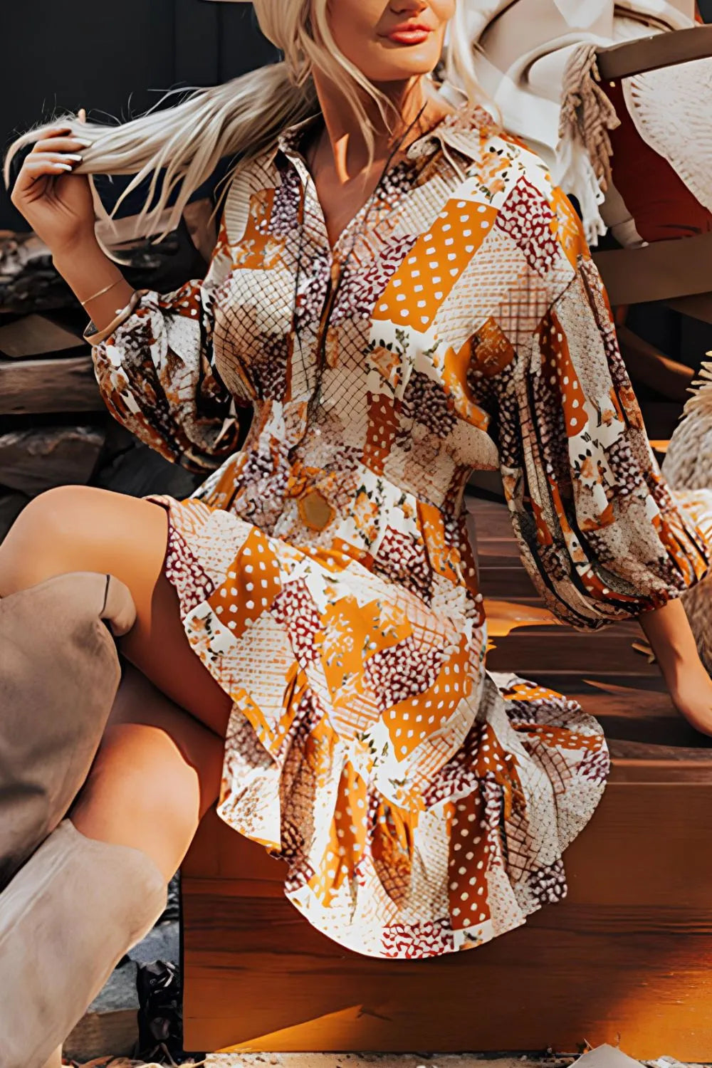 Printed Collared Neck Three-Quarter Sleeve Mini Shirt Dress - Grace Beauty H&C 