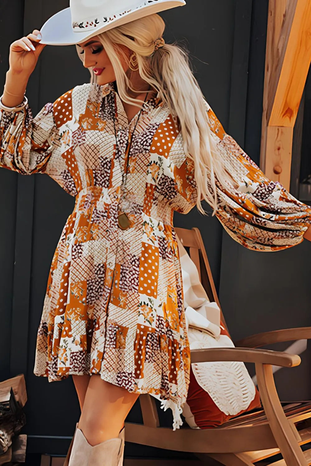 Printed Collared Neck Three-Quarter Sleeve Mini Shirt Dress - Grace Beauty H&C 