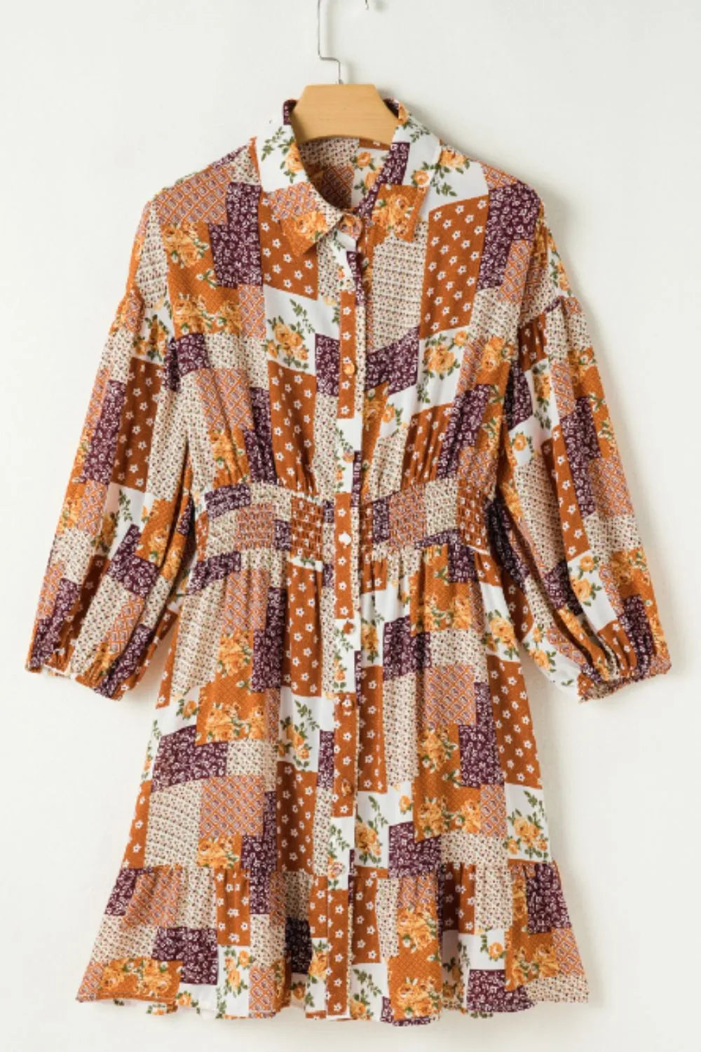Printed Collared Neck Three-Quarter Sleeve Mini Shirt Dress - Grace Beauty H&C 