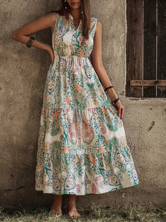 Printed Notched Sleeveless Dress - Grace Beauty H&C 