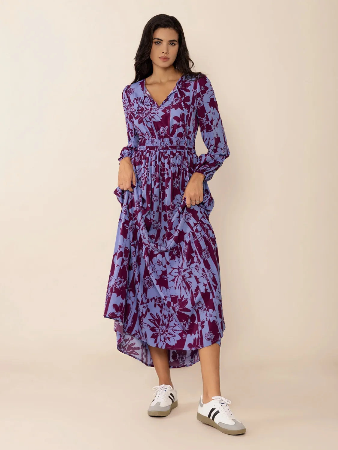 Printed Tie Neck Balloon Sleeve Maxi Dress - Grace Beauty H&C 
