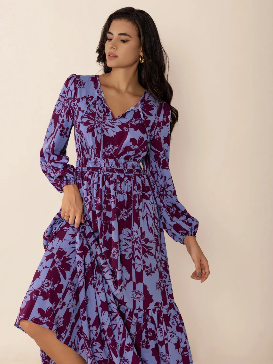 Printed Tie Neck Balloon Sleeve Maxi Dress - Grace Beauty H&C 