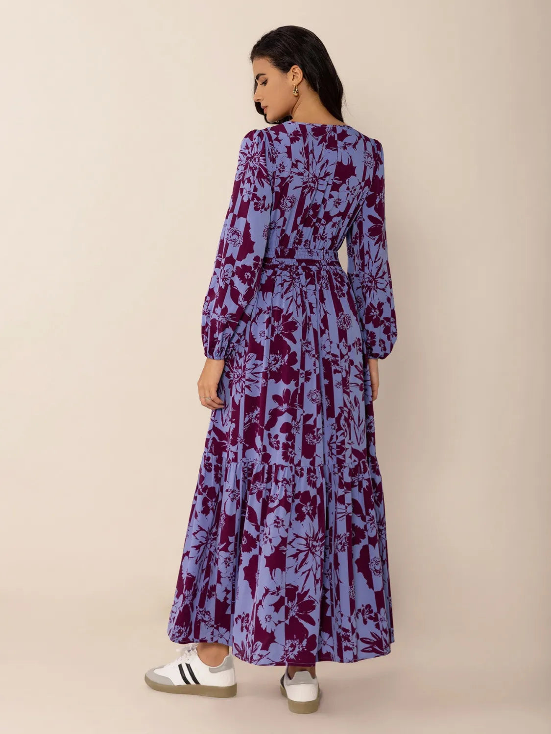 Printed Tie Neck Balloon Sleeve Maxi Dress - Grace Beauty H&C 