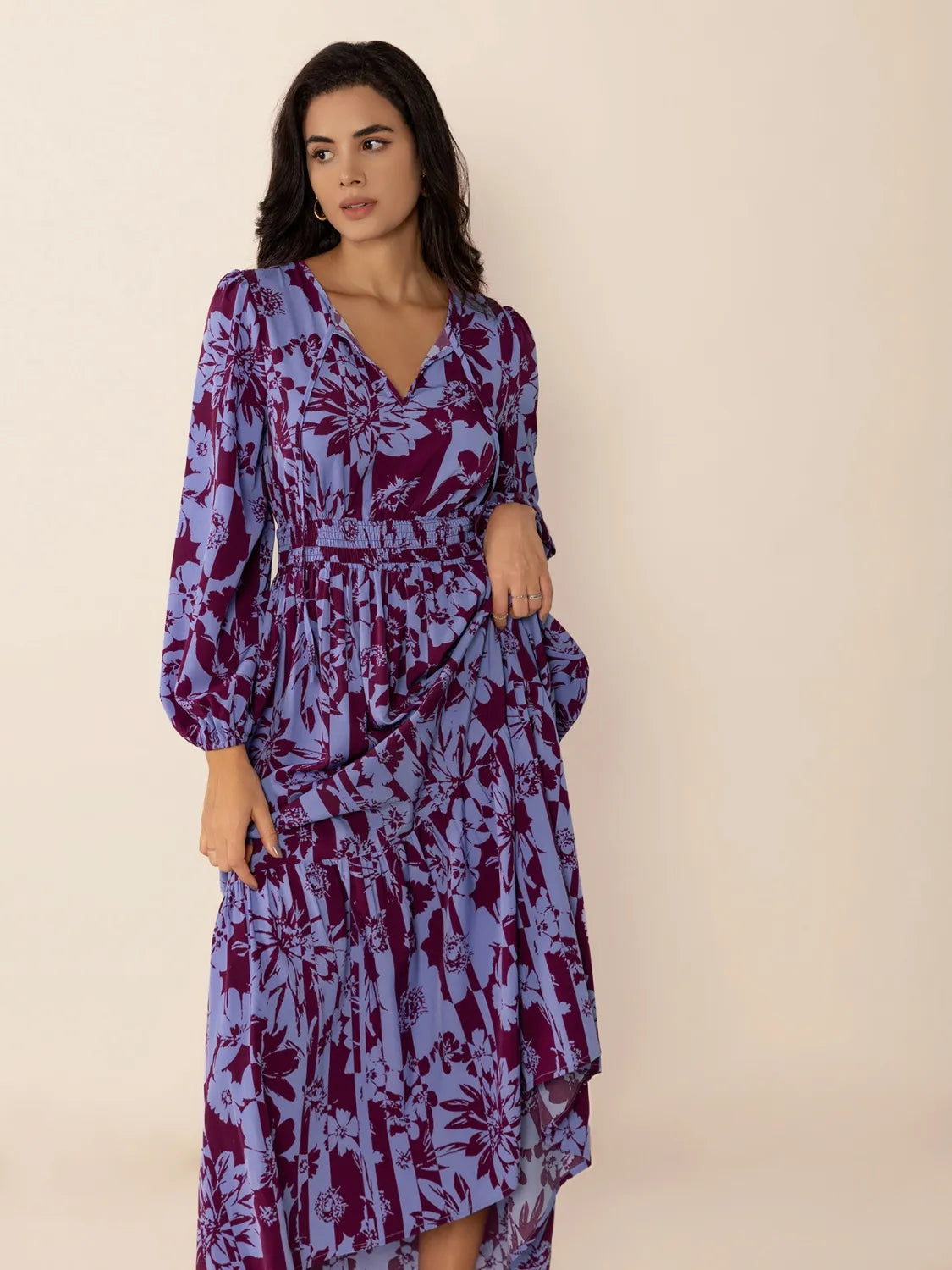 Printed Tie Neck Balloon Sleeve Maxi Dress - Grace Beauty H&C 