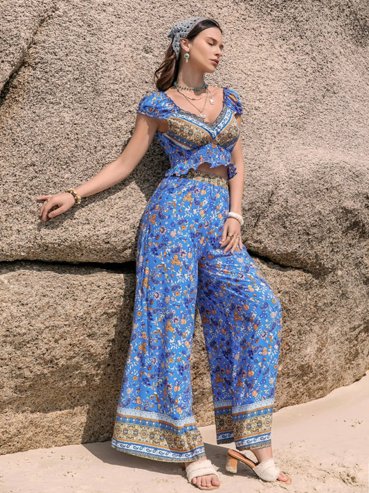 Printed V-Neck Top and Pants Set - Grace Beauty H&C 
