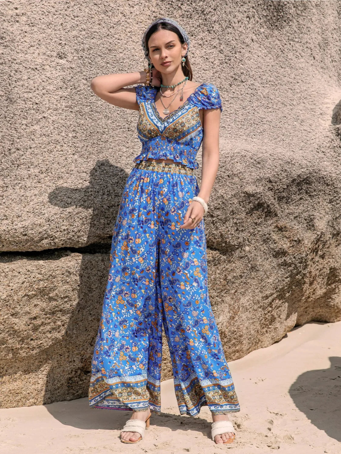 Printed V-Neck Top and Pants Set - Grace Beauty H&C 