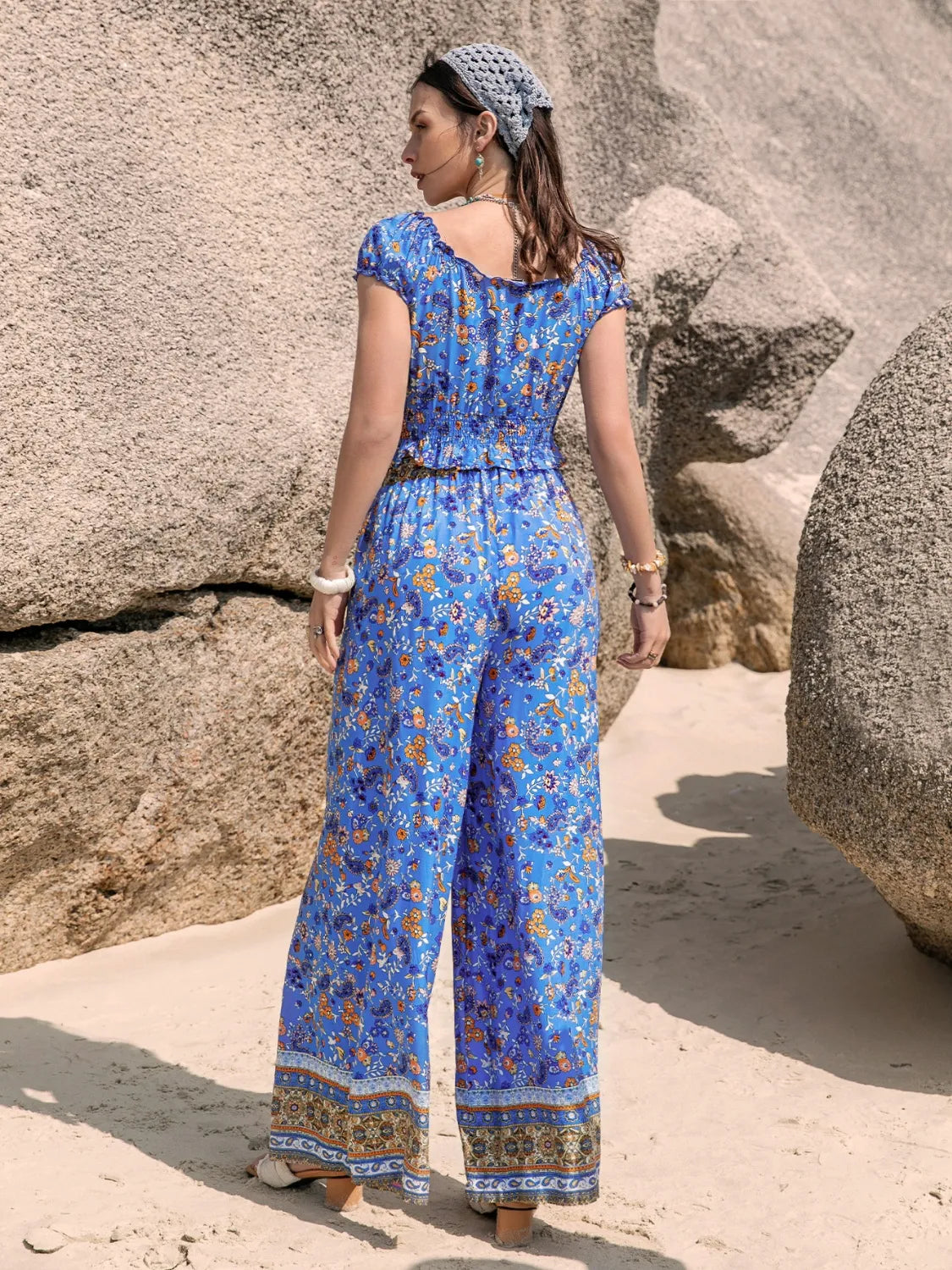 Printed V-Neck Top and Pants Set - Grace Beauty H&C 