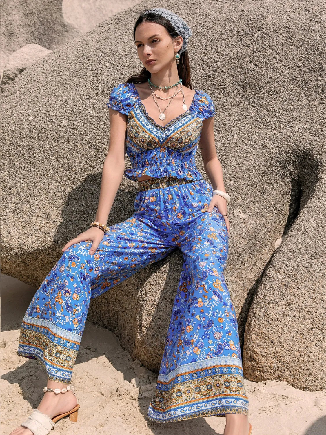 Printed V-Neck Top and Pants Set - Grace Beauty H&C 