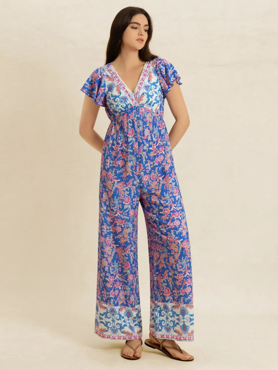 Printed V-Neck Wide Leg Jumpsuit - Grace Beauty H&C 