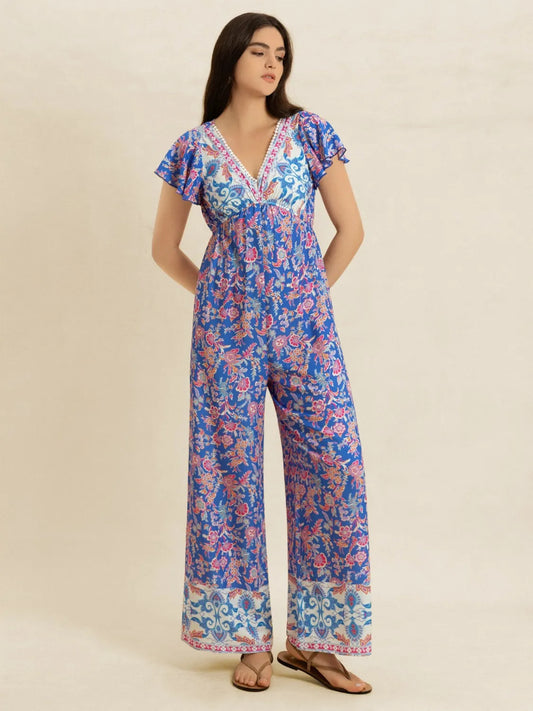 Printed V-Neck Wide Leg Jumpsuit - Grace Beauty H&C 
