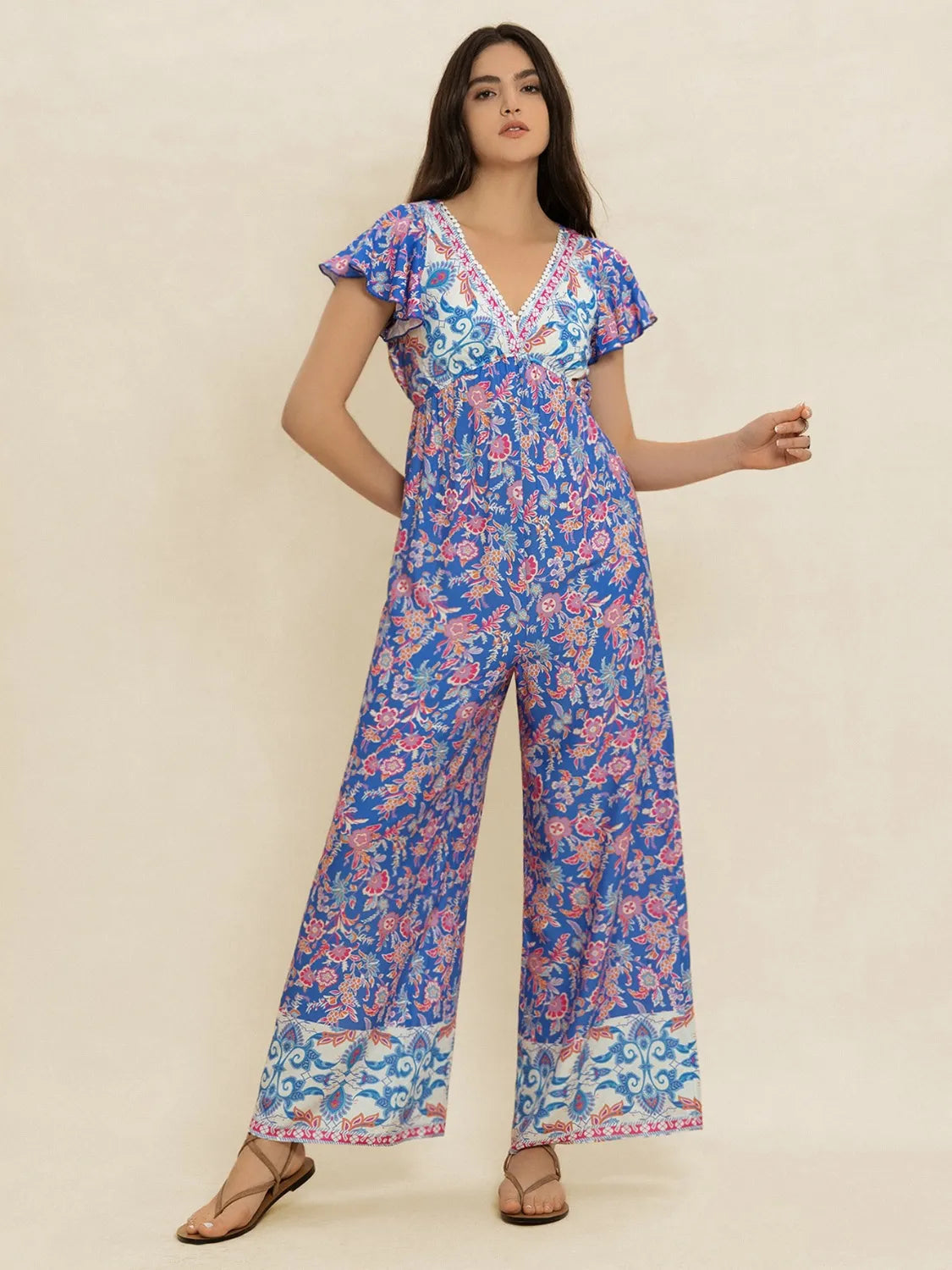 Printed V-Neck Wide Leg Jumpsuit - Grace Beauty H&C 