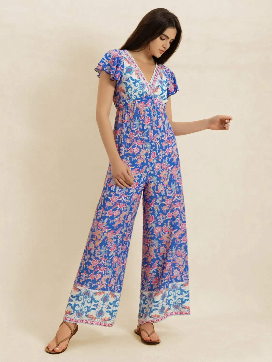 Printed V-Neck Wide Leg Jumpsuit - Grace Beauty H&C 