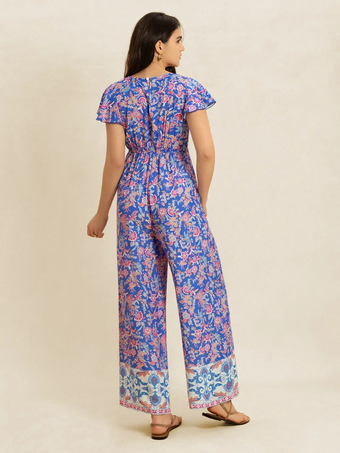 Printed V-Neck Wide Leg Jumpsuit - Grace Beauty H&C 