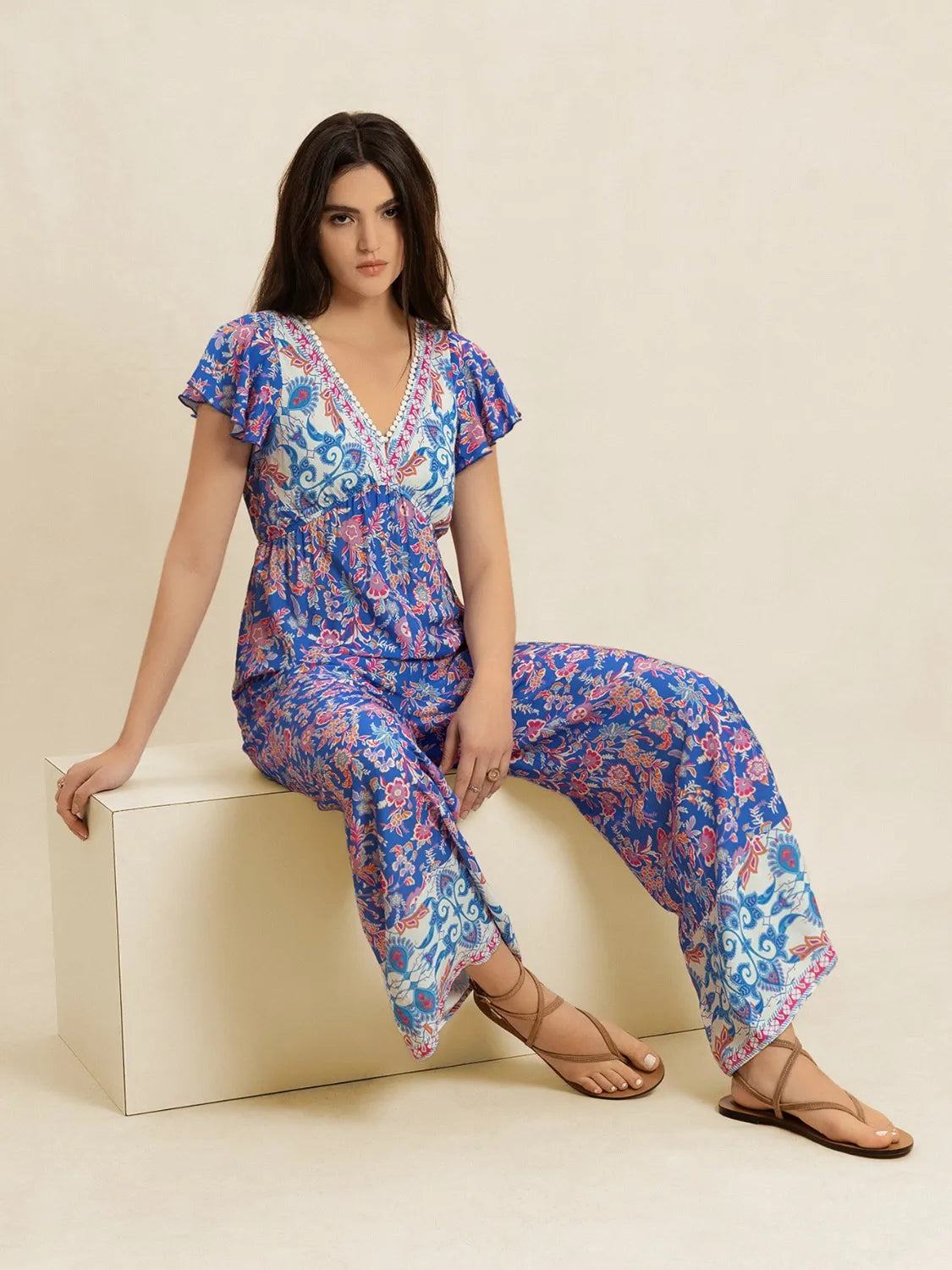 Printed V-Neck Wide Leg Jumpsuit - Grace Beauty H&C 