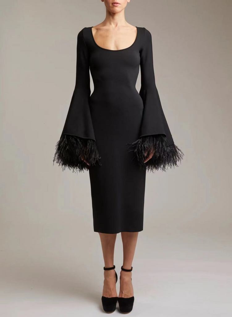 Round Neck Feather Detail Bandage Dress - Grace Beauty H&C 
