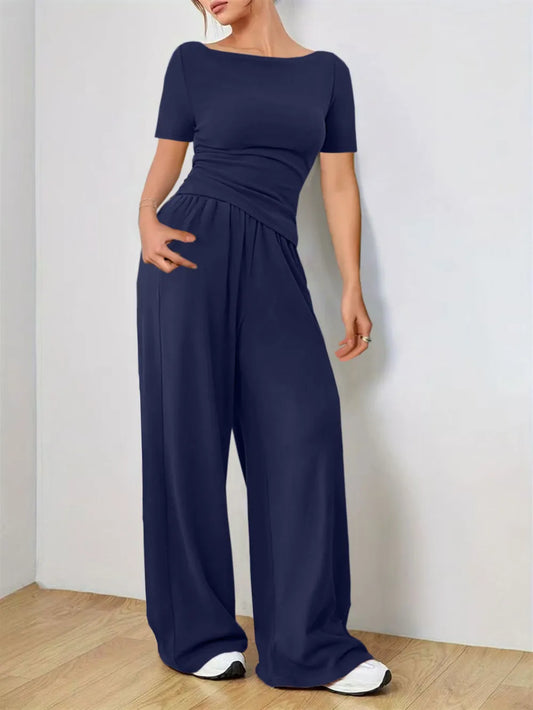 Round Neck Short Sleeve T-Shirt and Pants Set - Grace Beauty H&C 