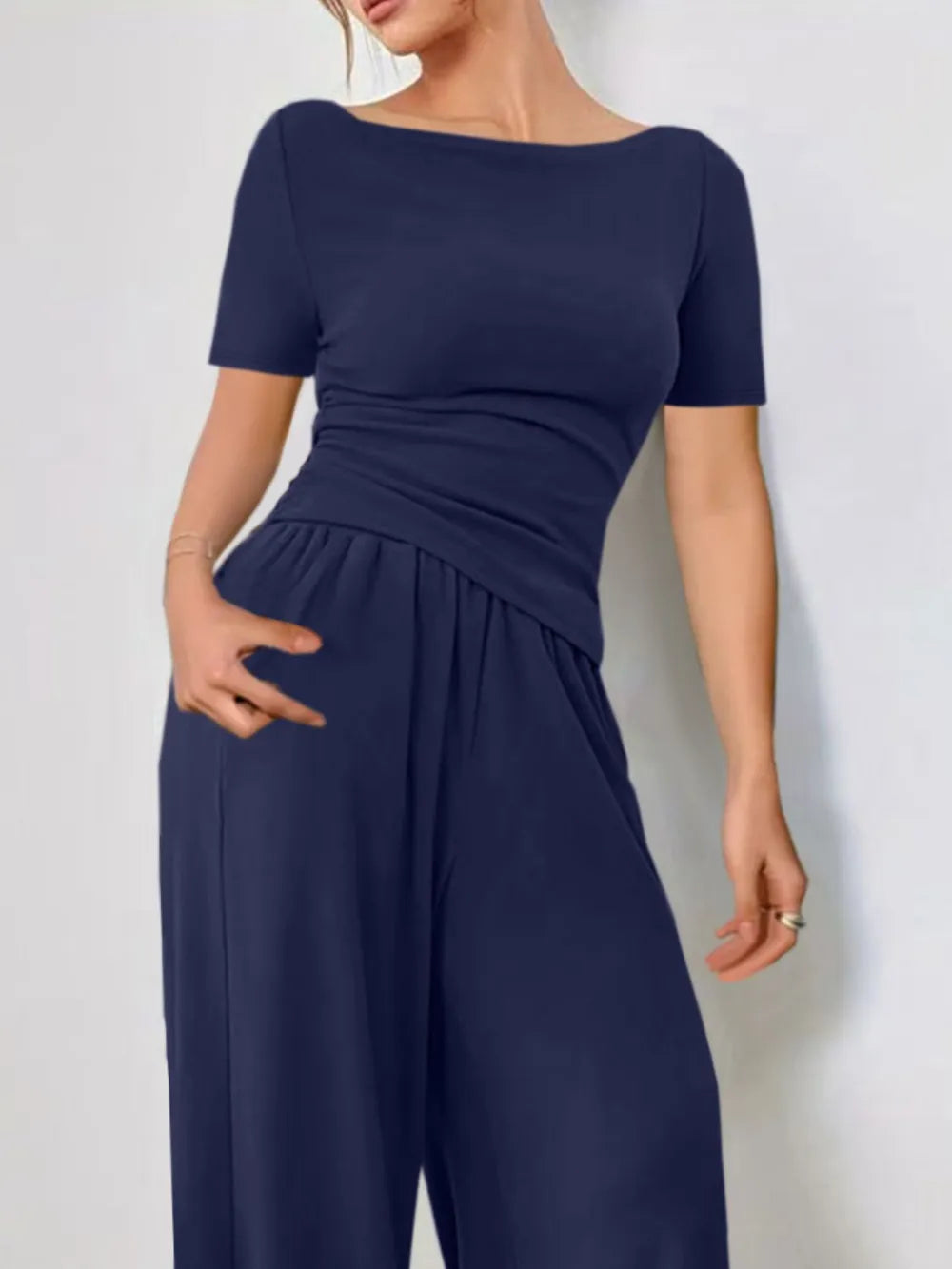 Round Neck Short Sleeve T-Shirt and Pants Set - Grace Beauty H&C 